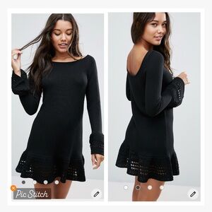 Asos Black Knit Sweater Dress Crochet Trim
